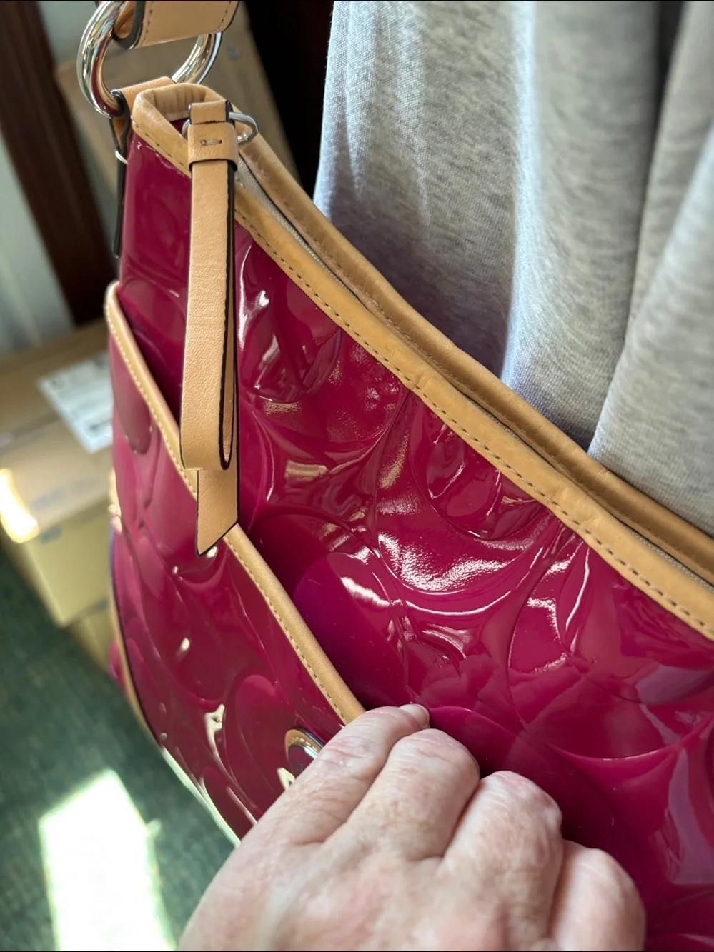 Coach Peyton Patent convertible bag Shoulder/Crossbody Fuchsia /Tan leather Trim